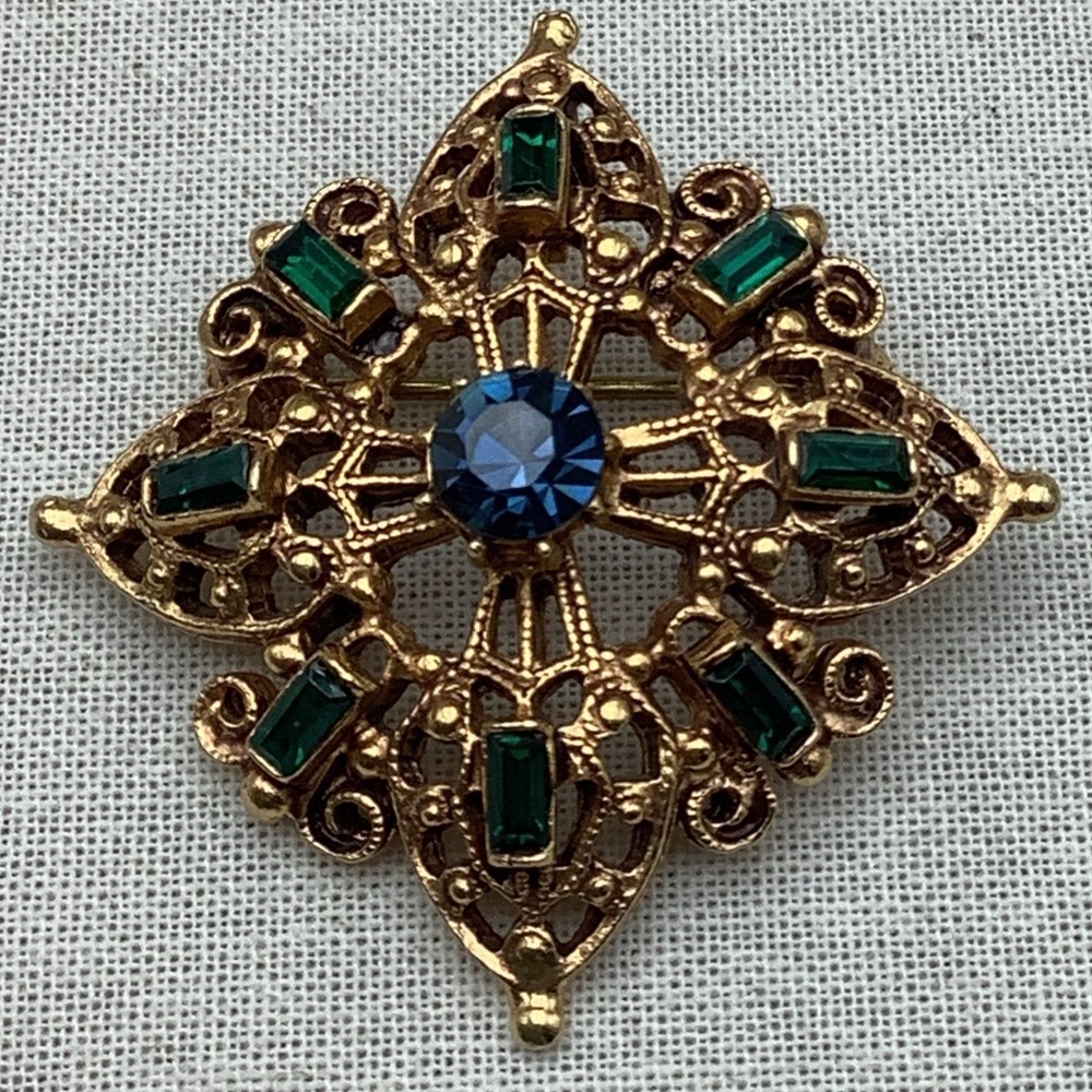 Vintage Florenza signed  Gold and Green Brooch